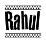 The image contains the text Rahul in a bold, stylized font, with a checkered flag pattern bordering the top and bottom of the text.