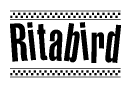 The image is a black and white clipart of the text Ritabird in a bold, italicized font. The text is bordered by a dotted line on the top and bottom, and there are checkered flags positioned at both ends of the text, usually associated with racing or finishing lines.