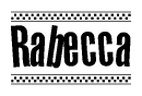 The image contains the text Rabecca in a bold, stylized font, with a checkered flag pattern bordering the top and bottom of the text.