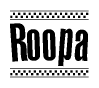 The clipart image displays the text Roopa in a bold, stylized font. It is enclosed in a rectangular border with a checkerboard pattern running below and above the text, similar to a finish line in racing. 