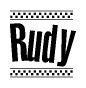 The image is a black and white clipart of the text Rudy in a bold, italicized font. The text is bordered by a dotted line on the top and bottom, and there are checkered flags positioned at both ends of the text, usually associated with racing or finishing lines.