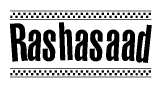The image contains the text Rashasaad in a bold, stylized font, with a checkered flag pattern bordering the top and bottom of the text.