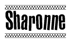 The image contains the text Sharonne in a bold, stylized font, with a checkered flag pattern bordering the top and bottom of the text.