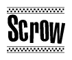 The image is a black and white clipart of the text Scrow in a bold, italicized font. The text is bordered by a dotted line on the top and bottom, and there are checkered flags positioned at both ends of the text, usually associated with racing or finishing lines.