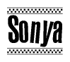 The image is a black and white clipart of the text Sonya in a bold, italicized font. The text is bordered by a dotted line on the top and bottom, and there are checkered flags positioned at both ends of the text, usually associated with racing or finishing lines.