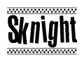 The image contains the text Sknight in a bold, stylized font, with a checkered flag pattern bordering the top and bottom of the text.