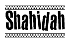 The image is a black and white clipart of the text Shahidah in a bold, italicized font. The text is bordered by a dotted line on the top and bottom, and there are checkered flags positioned at both ends of the text, usually associated with racing or finishing lines.