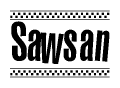 The image is a black and white clipart of the text Sawsan in a bold, italicized font. The text is bordered by a dotted line on the top and bottom, and there are checkered flags positioned at both ends of the text, usually associated with racing or finishing lines.