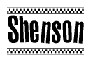 The image is a black and white clipart of the text Shenson in a bold, italicized font. The text is bordered by a dotted line on the top and bottom, and there are checkered flags positioned at both ends of the text, usually associated with racing or finishing lines.