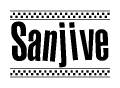 The image is a black and white clipart of the text Sanjive in a bold, italicized font. The text is bordered by a dotted line on the top and bottom, and there are checkered flags positioned at both ends of the text, usually associated with racing or finishing lines.
