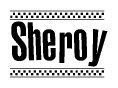 The image contains the text Sheroy in a bold, stylized font, with a checkered flag pattern bordering the top and bottom of the text.
