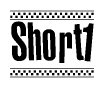 The image is a black and white clipart of the text Short1 in a bold, italicized font. The text is bordered by a dotted line on the top and bottom, and there are checkered flags positioned at both ends of the text, usually associated with racing or finishing lines.