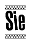 The image is a black and white clipart of the text Sie in a bold, italicized font. The text is bordered by a dotted line on the top and bottom, and there are checkered flags positioned at both ends of the text, usually associated with racing or finishing lines.
