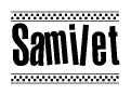 The image is a black and white clipart of the text Samilet in a bold, italicized font. The text is bordered by a dotted line on the top and bottom, and there are checkered flags positioned at both ends of the text, usually associated with racing or finishing lines.