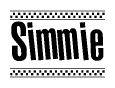 The image is a black and white clipart of the text Simmie in a bold, italicized font. The text is bordered by a dotted line on the top and bottom, and there are checkered flags positioned at both ends of the text, usually associated with racing or finishing lines.