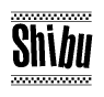 The image is a black and white clipart of the text Shibu in a bold, italicized font. The text is bordered by a dotted line on the top and bottom, and there are checkered flags positioned at both ends of the text, usually associated with racing or finishing lines.