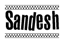 The image contains the text Sandesh in a bold, stylized font, with a checkered flag pattern bordering the top and bottom of the text.