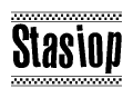The image is a black and white clipart of the text Stasiop in a bold, italicized font. The text is bordered by a dotted line on the top and bottom, and there are checkered flags positioned at both ends of the text, usually associated with racing or finishing lines.