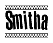 The image contains the text Smitha in a bold, stylized font, with a checkered flag pattern bordering the top and bottom of the text.