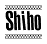 The image is a black and white clipart of the text Shiho in a bold, italicized font. The text is bordered by a dotted line on the top and bottom, and there are checkered flags positioned at both ends of the text, usually associated with racing or finishing lines.
