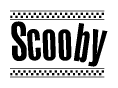 The clipart image displays the text Scooby in a bold, stylized font. It is enclosed in a rectangular border with a checkerboard pattern running below and above the text, similar to a finish line in racing. 