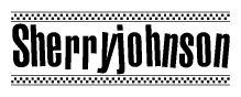 The image is a black and white clipart of the text Sherryjohnson in a bold, italicized font. The text is bordered by a dotted line on the top and bottom, and there are checkered flags positioned at both ends of the text, usually associated with racing or finishing lines.