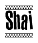 The image is a black and white clipart of the text Shai in a bold, italicized font. The text is bordered by a dotted line on the top and bottom, and there are checkered flags positioned at both ends of the text, usually associated with racing or finishing lines.