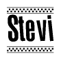 The image is a black and white clipart of the text Stevi in a bold, italicized font. The text is bordered by a dotted line on the top and bottom, and there are checkered flags positioned at both ends of the text, usually associated with racing or finishing lines.