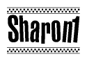 The image contains the text Sharon1 in a bold, stylized font, with a checkered flag pattern bordering the top and bottom of the text.