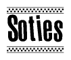 The clipart image displays the text Soties in a bold, stylized font. It is enclosed in a rectangular border with a checkerboard pattern running below and above the text, similar to a finish line in racing. 