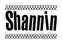 The image is a black and white clipart of the text Shannin in a bold, italicized font. The text is bordered by a dotted line on the top and bottom, and there are checkered flags positioned at both ends of the text, usually associated with racing or finishing lines.