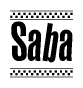 The image is a black and white clipart of the text Saba in a bold, italicized font. The text is bordered by a dotted line on the top and bottom, and there are checkered flags positioned at both ends of the text, usually associated with racing or finishing lines.