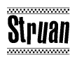 The image is a black and white clipart of the text Struan in a bold, italicized font. The text is bordered by a dotted line on the top and bottom, and there are checkered flags positioned at both ends of the text, usually associated with racing or finishing lines.