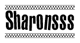 The image is a black and white clipart of the text Sharonsss in a bold, italicized font. The text is bordered by a dotted line on the top and bottom, and there are checkered flags positioned at both ends of the text, usually associated with racing or finishing lines.