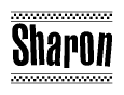 The clipart image displays the text Sharon in a bold, stylized font. It is enclosed in a rectangular border with a checkerboard pattern running below and above the text, similar to a finish line in racing. 