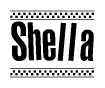 The image contains the text Shella in a bold, stylized font, with a checkered flag pattern bordering the top and bottom of the text.