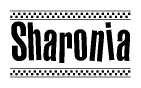 The clipart image displays the text Sharonia in a bold, stylized font. It is enclosed in a rectangular border with a checkerboard pattern running below and above the text, similar to a finish line in racing. 