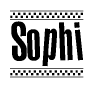 The image is a black and white clipart of the text Sophi in a bold, italicized font. The text is bordered by a dotted line on the top and bottom, and there are checkered flags positioned at both ends of the text, usually associated with racing or finishing lines.