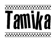 The image is a black and white clipart of the text Tamika in a bold, italicized font. The text is bordered by a dotted line on the top and bottom, and there are checkered flags positioned at both ends of the text, usually associated with racing or finishing lines.