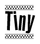 The image contains the text Tiny in a bold, stylized font, with a checkered flag pattern bordering the top and bottom of the text.
