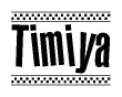 The clipart image displays the text Timiya in a bold, stylized font. It is enclosed in a rectangular border with a checkerboard pattern running below and above the text, similar to a finish line in racing. 