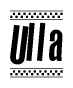 The image is a black and white clipart of the text Ulla in a bold, italicized font. The text is bordered by a dotted line on the top and bottom, and there are checkered flags positioned at both ends of the text, usually associated with racing or finishing lines.