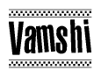 The image contains the text Vamshi in a bold, stylized font, with a checkered flag pattern bordering the top and bottom of the text.