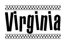 The clipart image displays the text Virginia in a bold, stylized font. It is enclosed in a rectangular border with a checkerboard pattern running below and above the text, similar to a finish line in racing. 