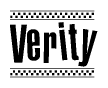 The clipart image displays the text Verity in a bold, stylized font. It is enclosed in a rectangular border with a checkerboard pattern running below and above the text, similar to a finish line in racing. 