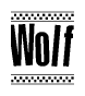 The image contains the text Wolf in a bold, stylized font, with a checkered flag pattern bordering the top and bottom of the text.