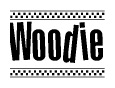 The clipart image displays the text Woodie in a bold, stylized font. It is enclosed in a rectangular border with a checkerboard pattern running below and above the text, similar to a finish line in racing. 