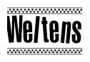 The image is a black and white clipart of the text Weltens in a bold, italicized font. The text is bordered by a dotted line on the top and bottom, and there are checkered flags positioned at both ends of the text, usually associated with racing or finishing lines.