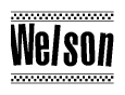 The image contains the text Welson in a bold, stylized font, with a checkered flag pattern bordering the top and bottom of the text.