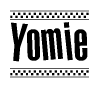 The clipart image displays the text Yomie in a bold, stylized font. It is enclosed in a rectangular border with a checkerboard pattern running below and above the text, similar to a finish line in racing. 